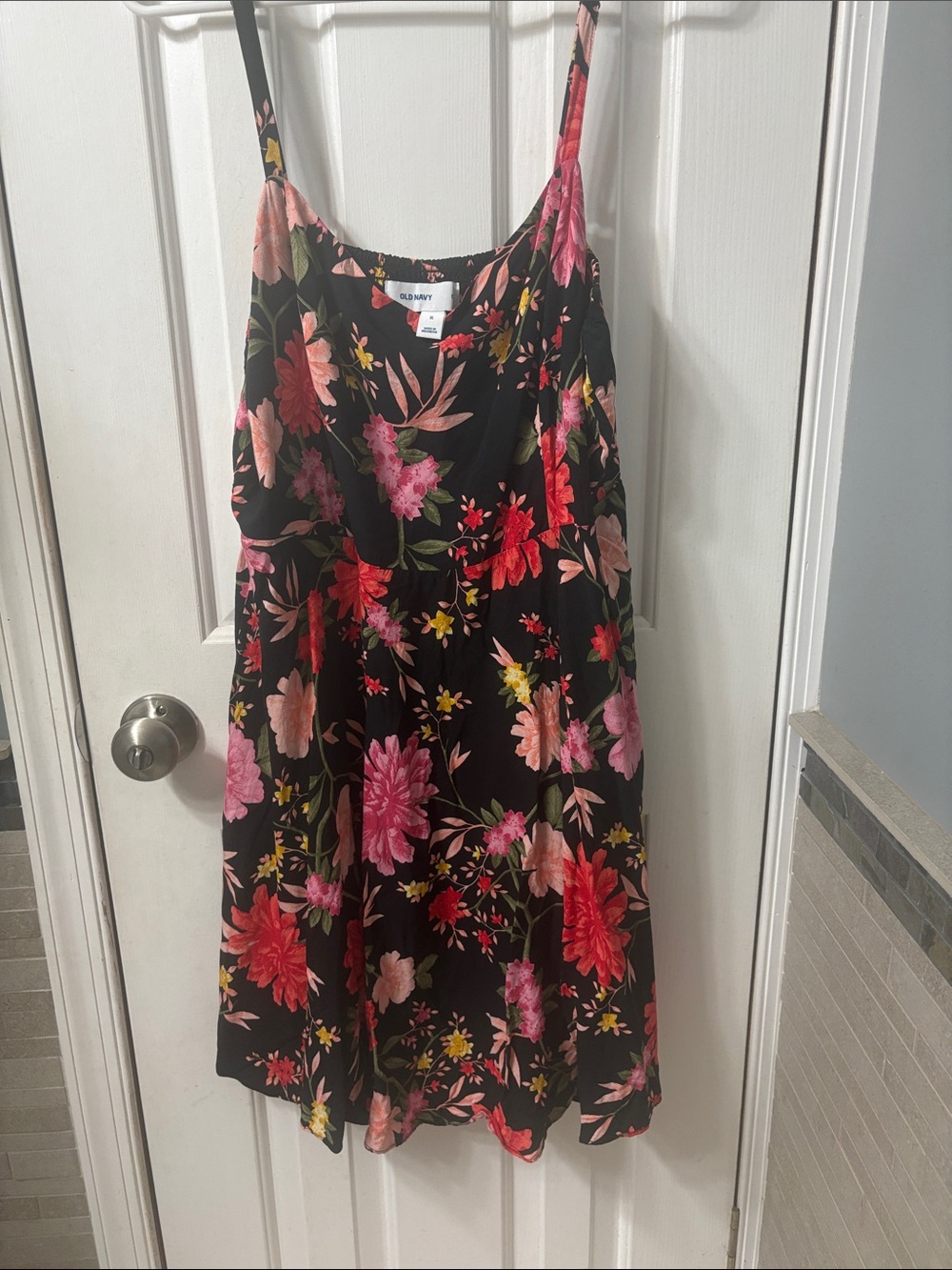Old Navy Black Floral Spaghetti-Strap Dress with Pink & Red Blooms #39